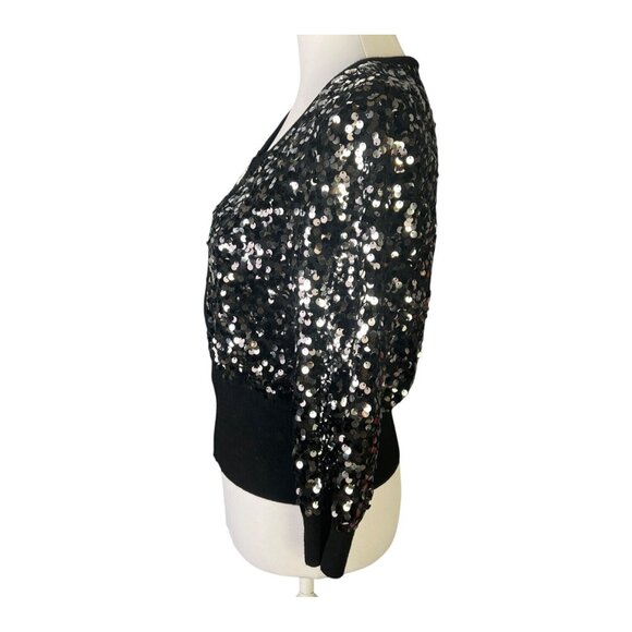 White House Black Market Black Sequin Cropped Cardigan Sweater Jacket size M - Picture 3 of 8